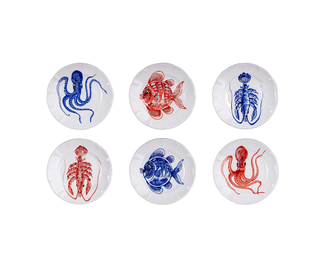 Set 6 piatti piani pesce rosso e azzurro