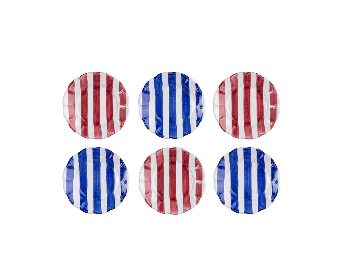 Set di 6 piattini a righe rosse e blu